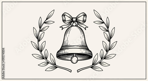 A delicate black and white illustration of a bell surrounded by a wreath with leaves and a ribbon bow tied at the top