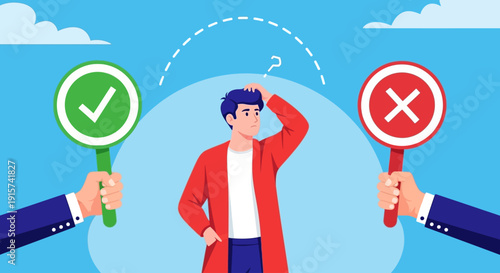 Man in red jacket deciding between right and wrong choices held by hands from opposite directions