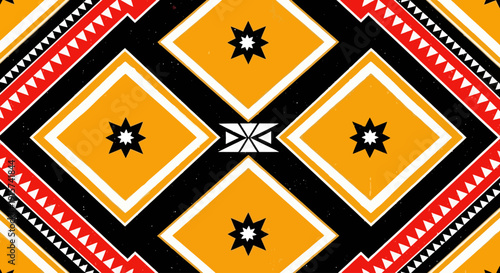 Vibrant geometric pattern with diamond shapes and star motifs in a symmetrical design