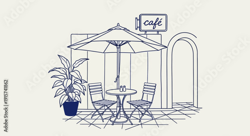Outdoor cafe scene with umbrella, chairs, and potted plant illustration on a building facade with a sign and arched doorway