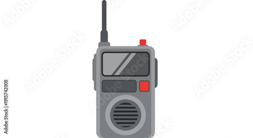 Illustration of a gray walkie-talkie device with antenna and red buttons on a plain background from a front viewpoint
