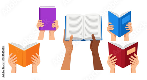 Multiple hands holding various colored books from different directions in a graphic illustration