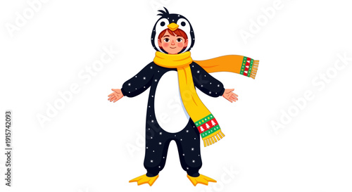 A young child dressed in a penguin costume and scarf standing in a playful pose