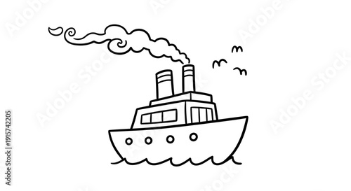 Simple Line Drawing of a Boat with Smoke and Birds on the Water from a Side View