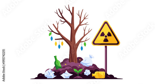 Toxic waste dumped around a dead tree with a radiation warning sign nearby, illustrating environmental pollution and ecological disaster.