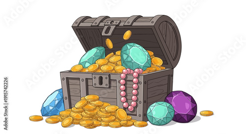 Treasure chest overflowing with jewels and gold coins, illustration of wealth and prosperity