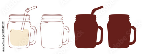Glass Mason Jar Hand Drawn Set. Isolated Beverage Outline and Silhouette Variations Drawings. Vector Illustration