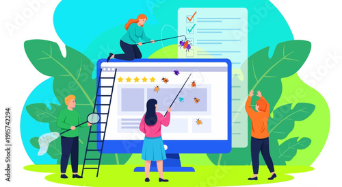 Team collaboration on a large project with a giant browser window displaying a checklist and people working together around it