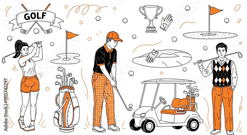 Golfers playing golf on a course with a golf cart and equipment nearby in a serene outdoor setting from an overhead viewpoint