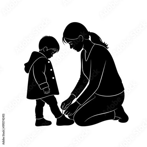 Woman helping a little girl isolated on transparent background.