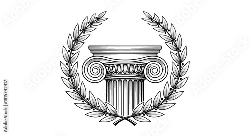 Ancient Greek column surrounded by laurel wreath illustration in a classical style