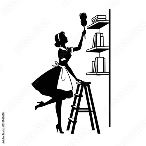 Woman cleaning with duster on ladder isolated on transparent background.