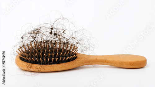 Wooden Hairbrush full of tangled strands. Isolated on White Background