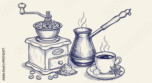 Vintage coffee grinder, coffee beans, and steaming coffee cup on a table, still life illustration from a side view