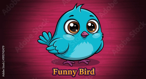 A cartoon bird with exaggerated features standing on a red gradient background from a direct viewpoint