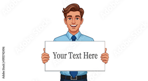 A smiling cartoon man holding a sign with a thumbs up gesture in a professional setting