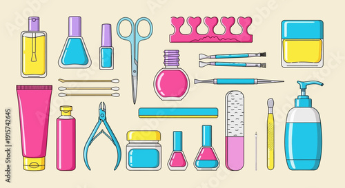 Collection of beauty and personal care products and tools arranged neatly on a flat surface from a top-down viewpoint