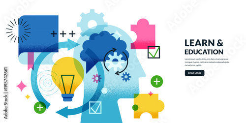 Vector concept with human head, book, brain, lamp for education and learning, intelligence, creative thinking