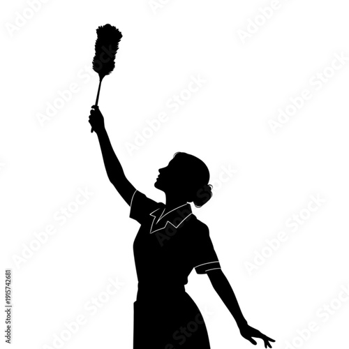 Woman holding duster in hand isolated on transparent background.