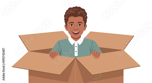 A man emerging from a large cardboard box, smiling and looking directly at the viewer from inside the container