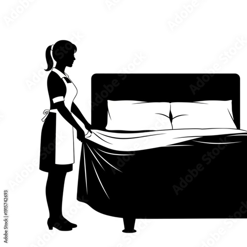 Woman making a hotel bed isolated on transparent background.