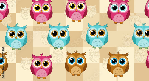 A vibrant grid of cartoon owls in various colors on a checkerboard background, viewed from directly above, showcasing a fun pattern.