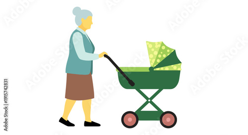 An elderly woman pushing a stroller with a baby inside, walking alone in a serene outdoor setting, viewed from the side.