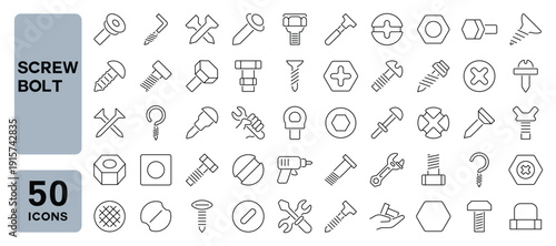 Set of 50 line icons related to screw bolt, nails, bolt, nuts, hardware, screws, fasteners, bolts, Editable stroke. Vector illustration