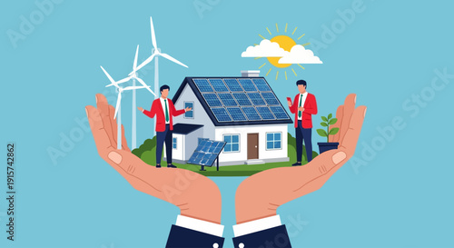 Sustainable living concept with eco-friendly house and renewable energy sources in hands