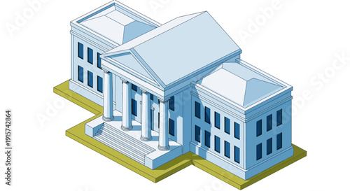 Isometric illustration of a government building with columns and a grand entrance, viewed from above, showcasing architecture and structure