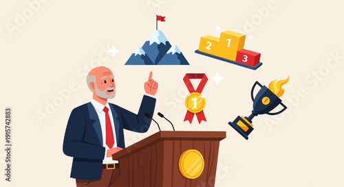 A man in a suit stands at a podium giving a speech with awards and a mountain in the background