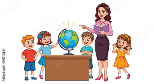 Teacher explaining geography to children gathered around a globe on a table in a classroom setting