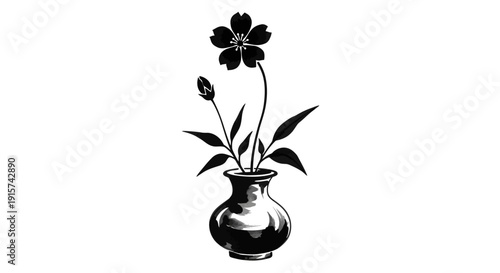 An illustration of a flower in a vase with leaves and a bud from a front view