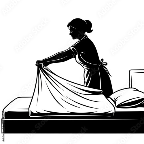 Woman making a bed with sheets isolated on transparent background.