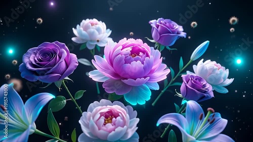 Glowing Neon Peonies and Roses with Lilies on Dark Cosmic Background, 3D Rendered Floral Arrangement