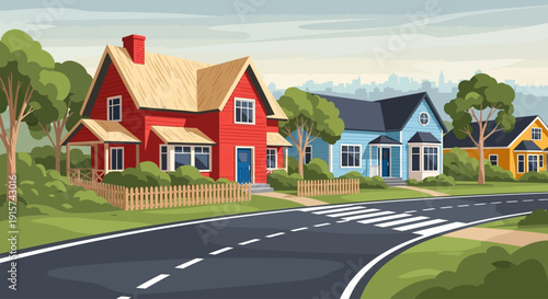 Colorful houses stand along a winding road in a serene suburban neighborhood scene viewed from a slight hill