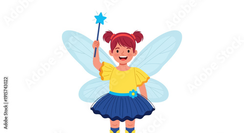 A young girl dressed as a fairy, smiling and holding a star-tipped wand, standing alone with a friendly demeanor, in a cartoon style illustration.