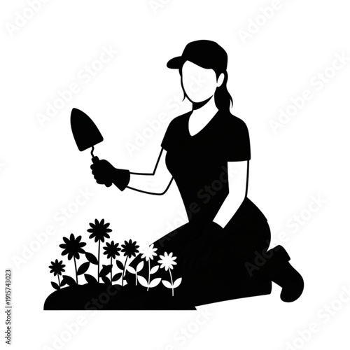 Woman kneeling and planting flowers isolated on transparent background.