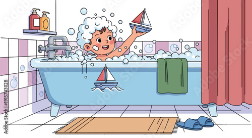 A smiling child playing with a toy sailboat in a bathtub surrounded by bubbles and bathroom accessories