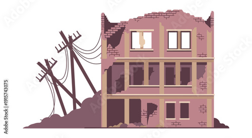 Damaged building with exposed wiring and destroyed power lines in a disaster scene, viewed from the front