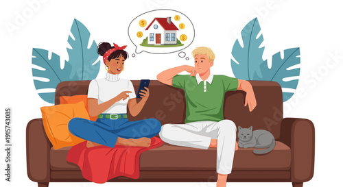 Two men relaxing on a couch, one using a tablet while the other dreams of a house, surrounded by plants in a cozy living room scene from a front viewpoint