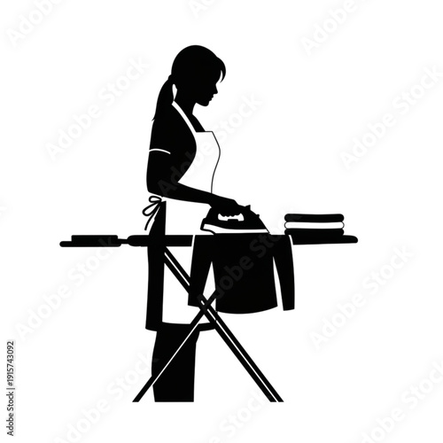 Woman ironing clothes on ironing board isolated on transparent background.