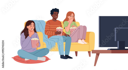 Three friends enjoying a movie night together on a couch at home with snacks