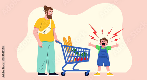 A frustrated child throwing a tantrum beside a shopping cart with father standing nearby in a supermarket scene