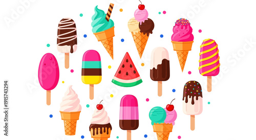 Colorful assortment of ice cream cones and popsicles on a whimsical background