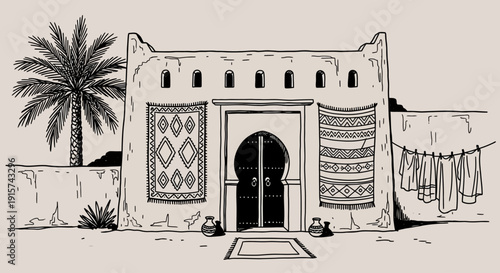 Illustration of a traditional Middle Eastern house with a palm tree, doorway, and textiles in a desert landscape from a frontal viewpoint