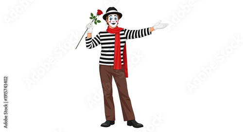 A mime artist holding a red rose and standing with outstretched arms, wearing a striped shirt