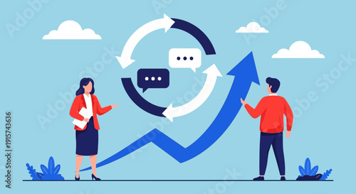 Two professionals analyzing a graph with a circular arrow and chat bubbles indicating communication and progress