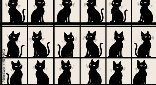 Multiple black cats sitting in grid formation on white background, viewed from directly above with uniform spacing and identical poses