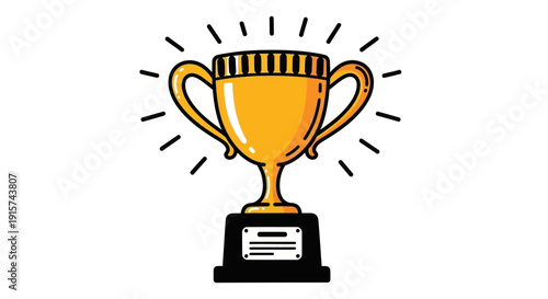 Golden trophy illustration with handles and winner plate on a plain background from a straightforward viewpoint
